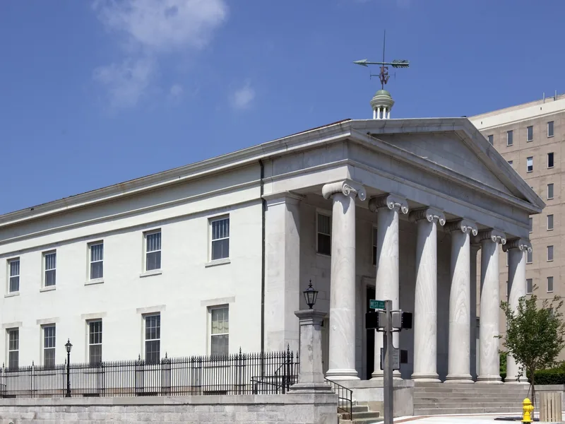Historic columned building on the courthouse square in downtown Huntsville